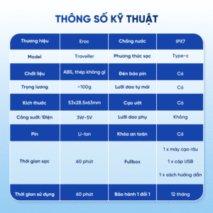 Thông số kỹ thuật máy cạo râu Eroc Traveller