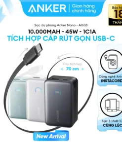 Sạc Dự Phòng Anker Nano 10000mAh 45W | Cáp Cuộn USB-C | Màn Hình Thông Minh | ActiveShield™ 3.0