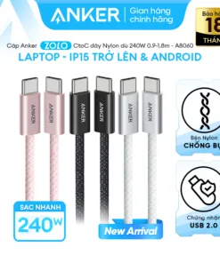 Cáp sạc nhanh ANKER Zolo USB-C to USB-C | Công suất 240W | Chip E-Maker
