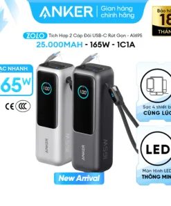 Sạc dự phòng Anker Zolo 25.000mAh | Công suất 165W | Tích hợp 2 cáp USB-C có thể rút gọn | Màn hình thông minh - A1695