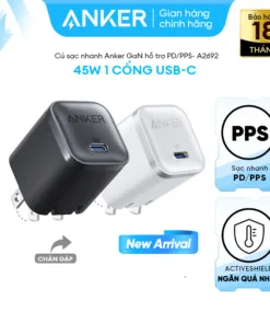 [Samsung,iPhone 15-17 series] Củ sạc nhanh Anker Nano 45W - 1 cổng USB-C cho Macbook (GaN, ActiveShield) - A2692