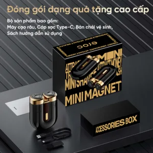 Máy cạo râu Eroc Magnet thiết kế nhỏ gọn cao cấp màu đen – vàng, lưỡi cạo kép dạng nổi, động cơ mạnh mẽ 7000 vòng/phút, pin sử dụng lên đến 60 ngày, đóng gói dạng quà tặng sang trọng.