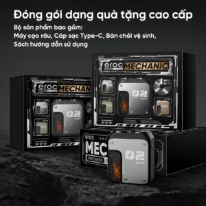 Máy cạo râu Eroc Mechanic với thiết kế cơ khí cao cấp, lưỡi cạo 3D linh hoạt, động cơ 9000 vòng/phút, chống nước IPX7 và sạc Type-C