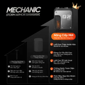 Máy cạo râu Eroc Mechanic với thiết kế cơ khí cao cấp, lưỡi cạo 3D linh hoạt, động cơ 9000 vòng/phút, chống nước IPX7 và sạc Type-C