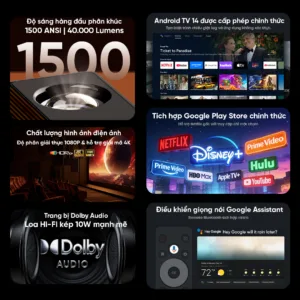 Máy chiếu Eroc Master cao cấp mới nhất | Android TV 14 chính thức, 1500 ANSI 40000 Lumens, Full HD 1080P hỗ trợ 4K, Dolby Audio 10W, Google Play Store, xoay 270 độ trình chiếu 210 inch.