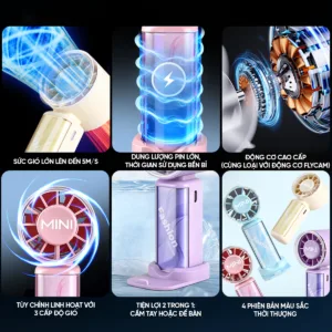 Quạt mini cầm tay EROC vỏ trong suốt tốc độ cao sạc Type-C