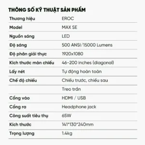 Máy chiếu Eroc Max SE xoay 360 độ linh hoạt trình chiếu phim cực đại lên trần phòng ngủ