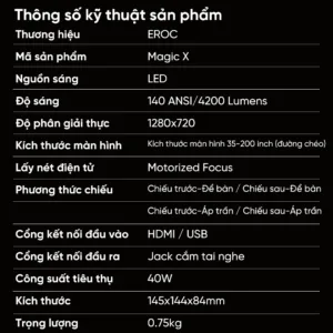Máy chiếu EROC Magic X chính hãng độ phân giải 720P, hỗ trợ 4K, thiết kế chân đế Gimbal xoay 360 độ kim loại